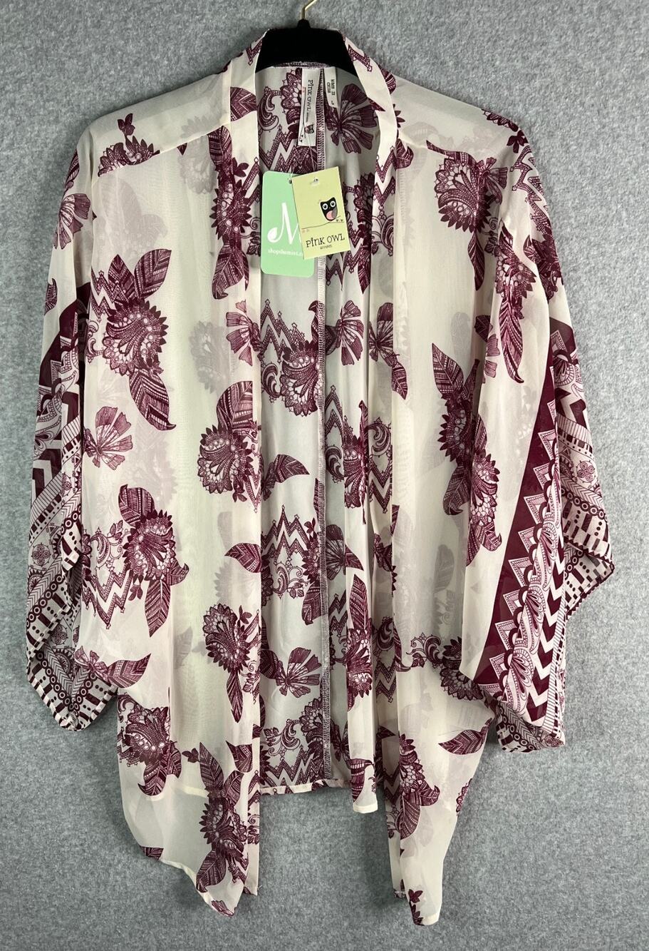 Pink Owl Kimono Shawl Wrap Cream & Burgundy Floral Boho Lightweight NWT Womens